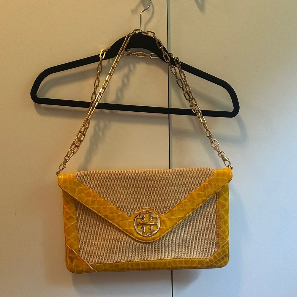 Tory Burch Yellow Canvas Envelope Shoulder Bag with Gold Chain